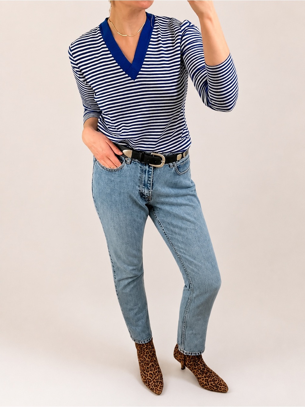 VTG Blue White Stripe V Neck Knit Pullover Sweater Jumper Academia Prep XS S M - Picture 11 of 16